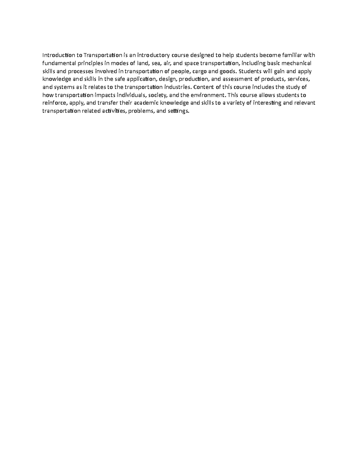 Introduction to Transportation - Students will gain and apply knowledge ...