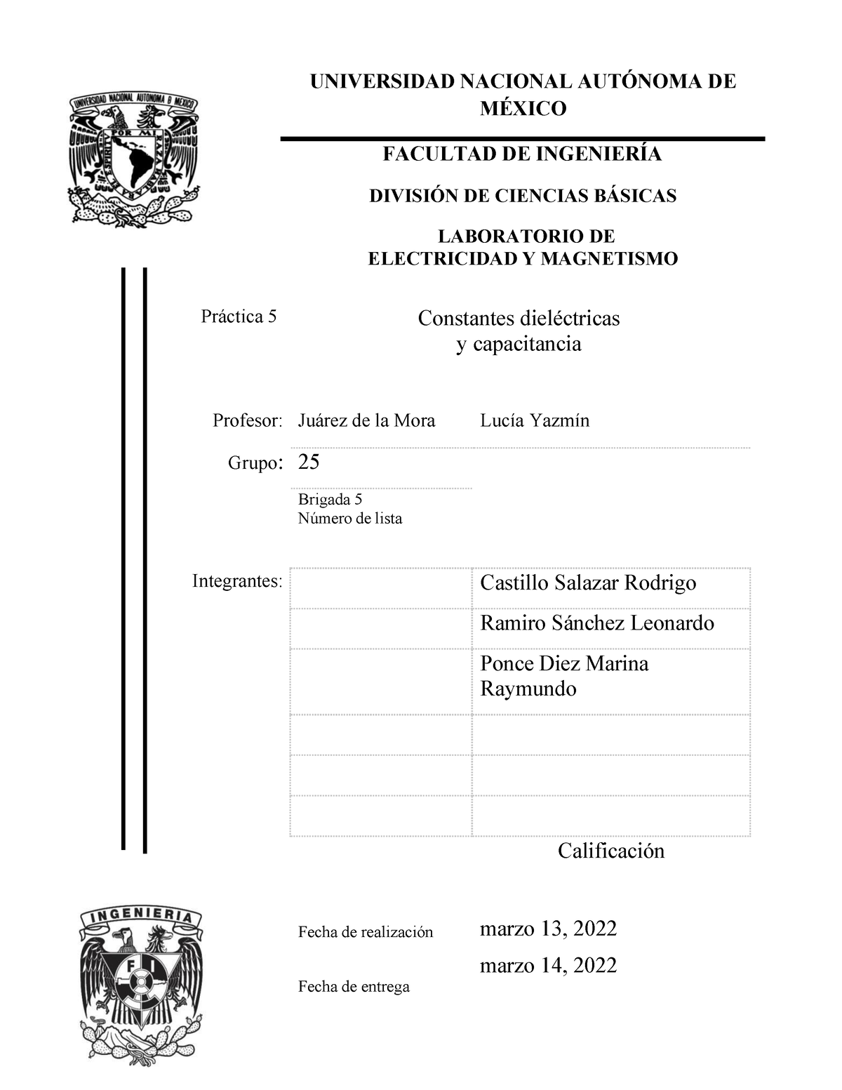 Electricidad Y Magnetismo. Práctica 5. Constantes Dieléctricas Y ...