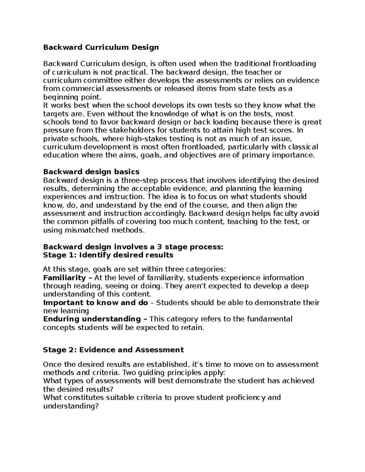 Backward Curriculum Design - Curriculam development - Studocu