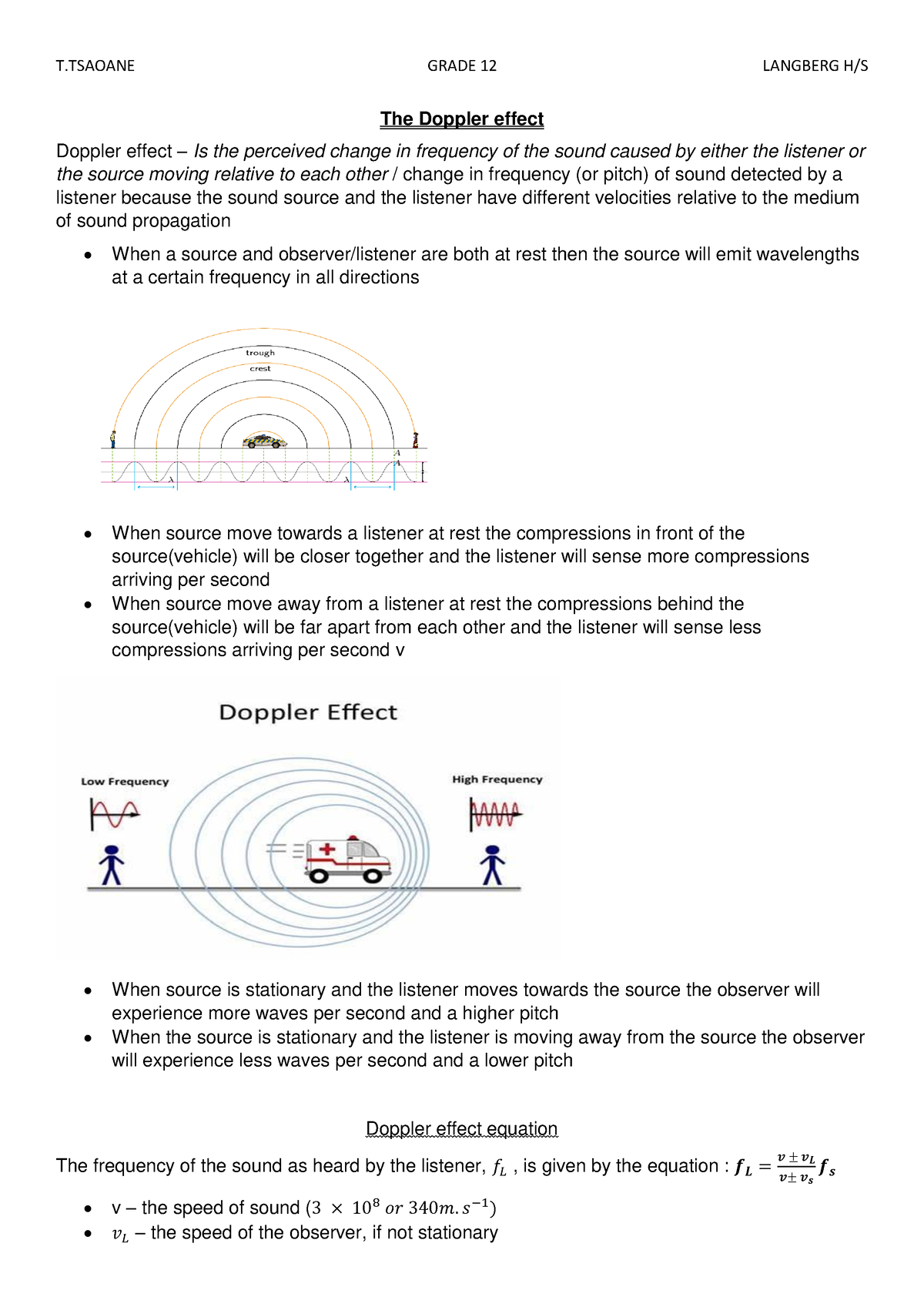 doppler effect the theory and application - T GRADE 12 LANGBERG H/S The ...