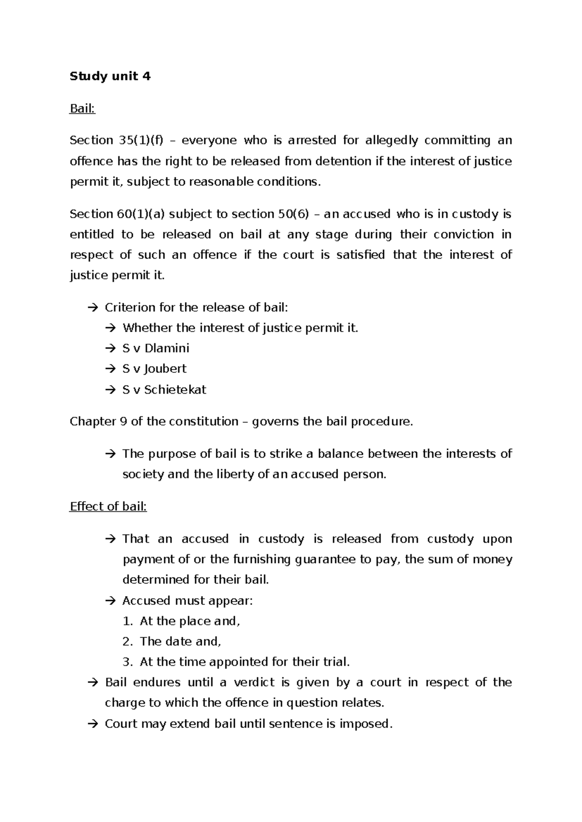 271-study unit 4 - Summary Criminal Procedure - Study unit 4 Bail ...