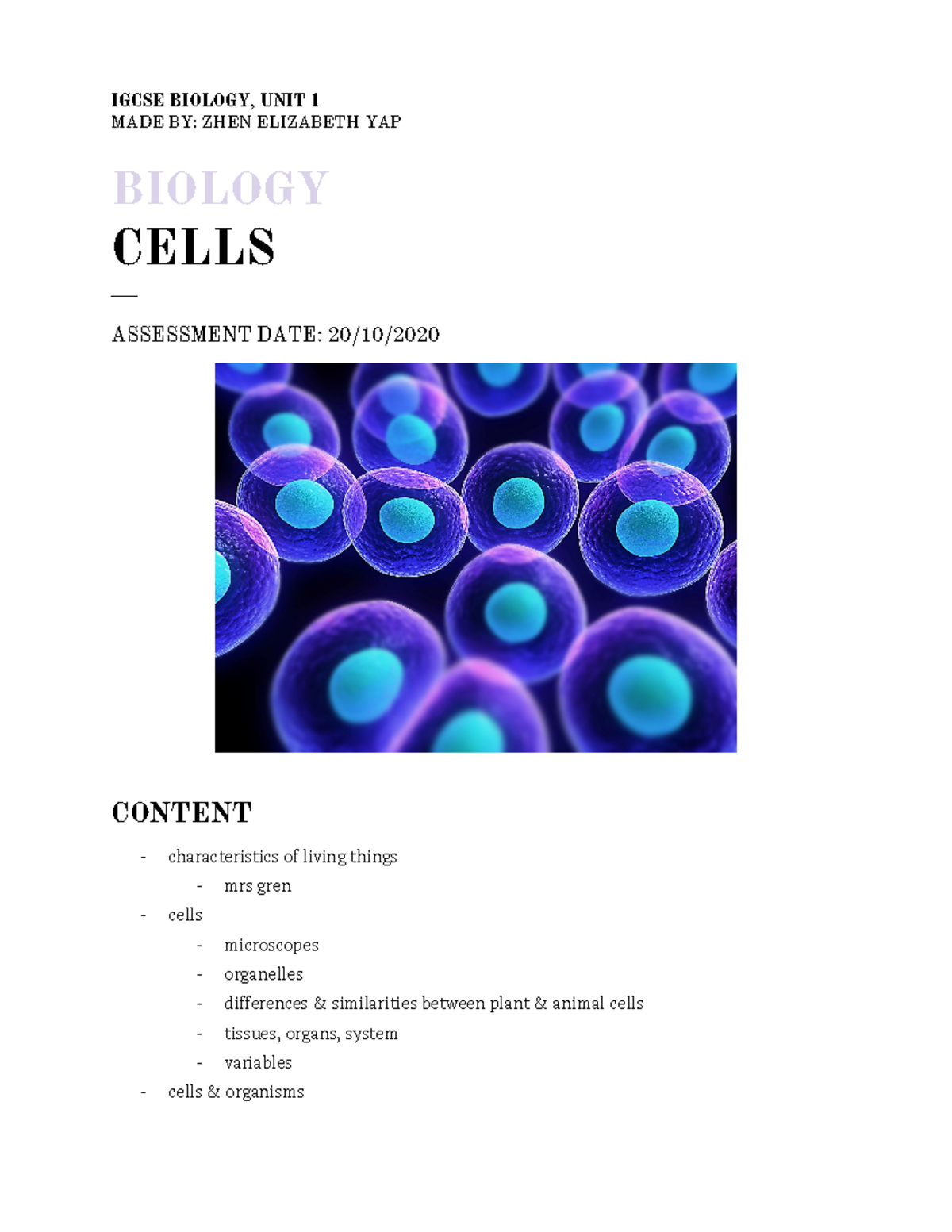 B1 Cells Incl Characteristics Of Living Organisms Igcse Biology