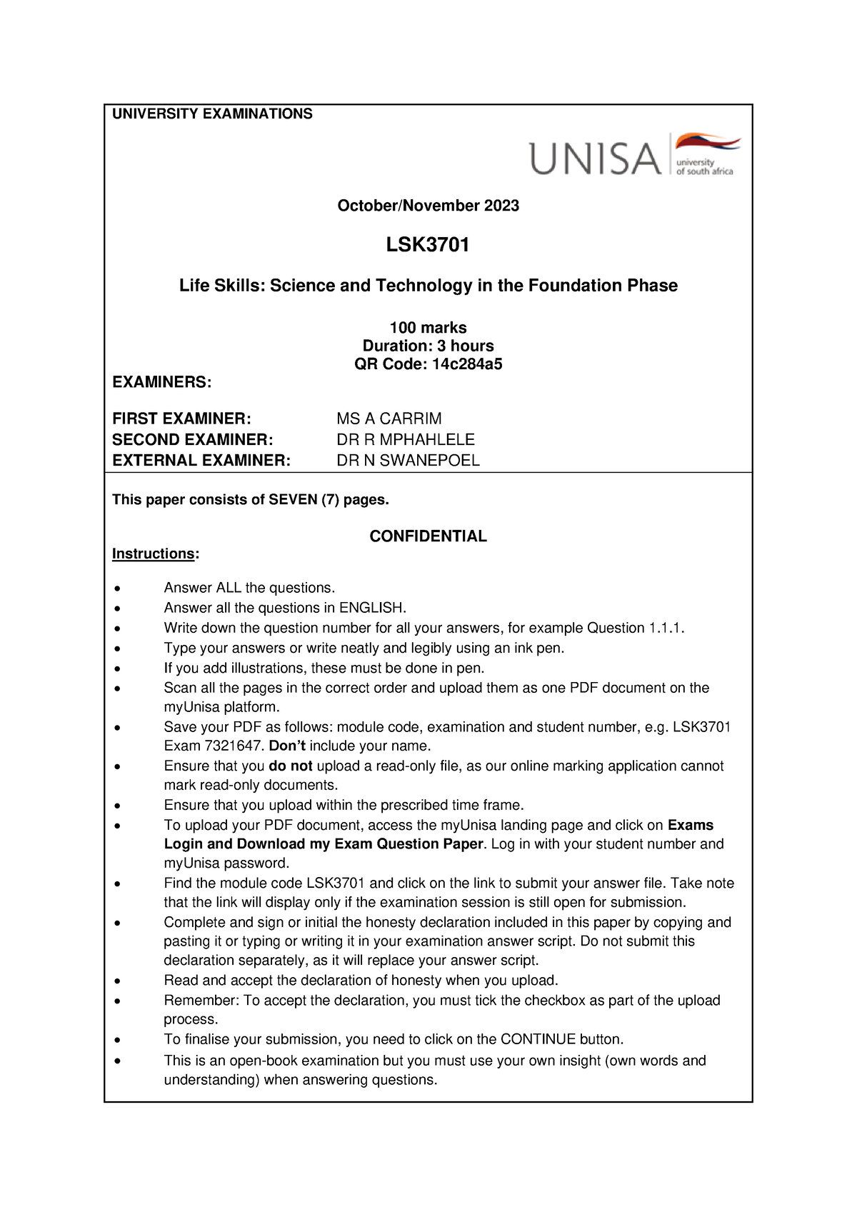 LSK3701 MAIN paper Octnov 2023 - UNIVERSITY EXAMINATIONS October ...