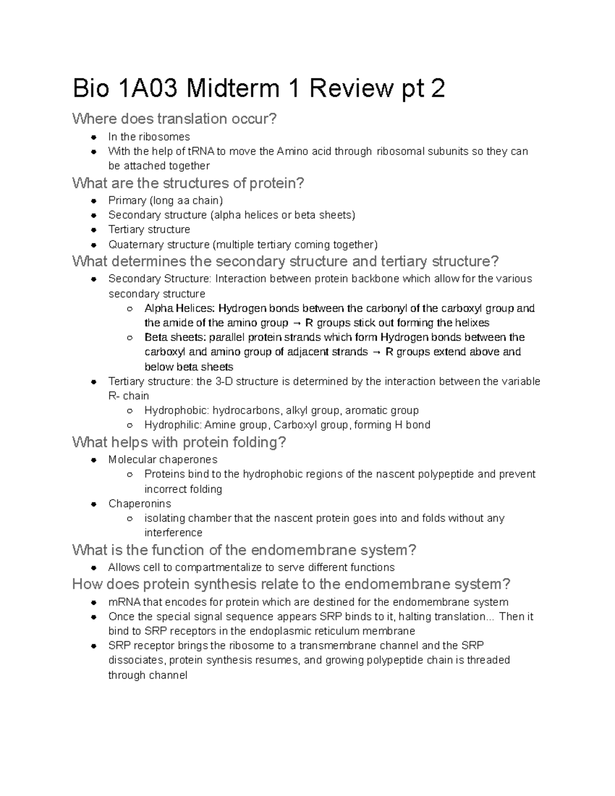 Bio 1A03 Midterm 1 Review Pt 2 - .. Then It Bind To SRP Receptors In ...