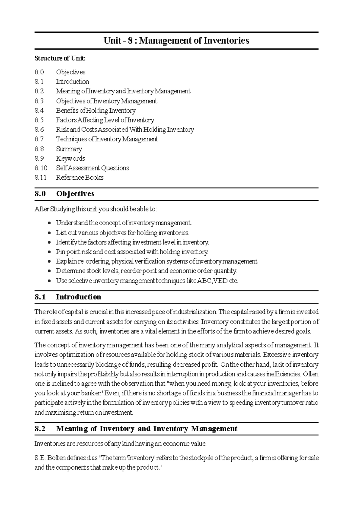 Management of Inventories Unit 8 Management of Inventories