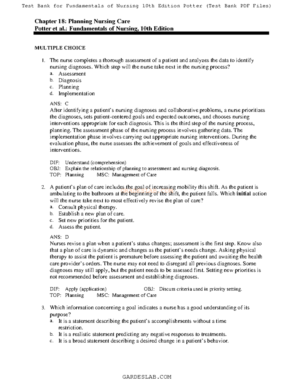 Fundamentals Ch 18 - ch 18 - GRADESLAB Chapter 18: Planning Nursing ...