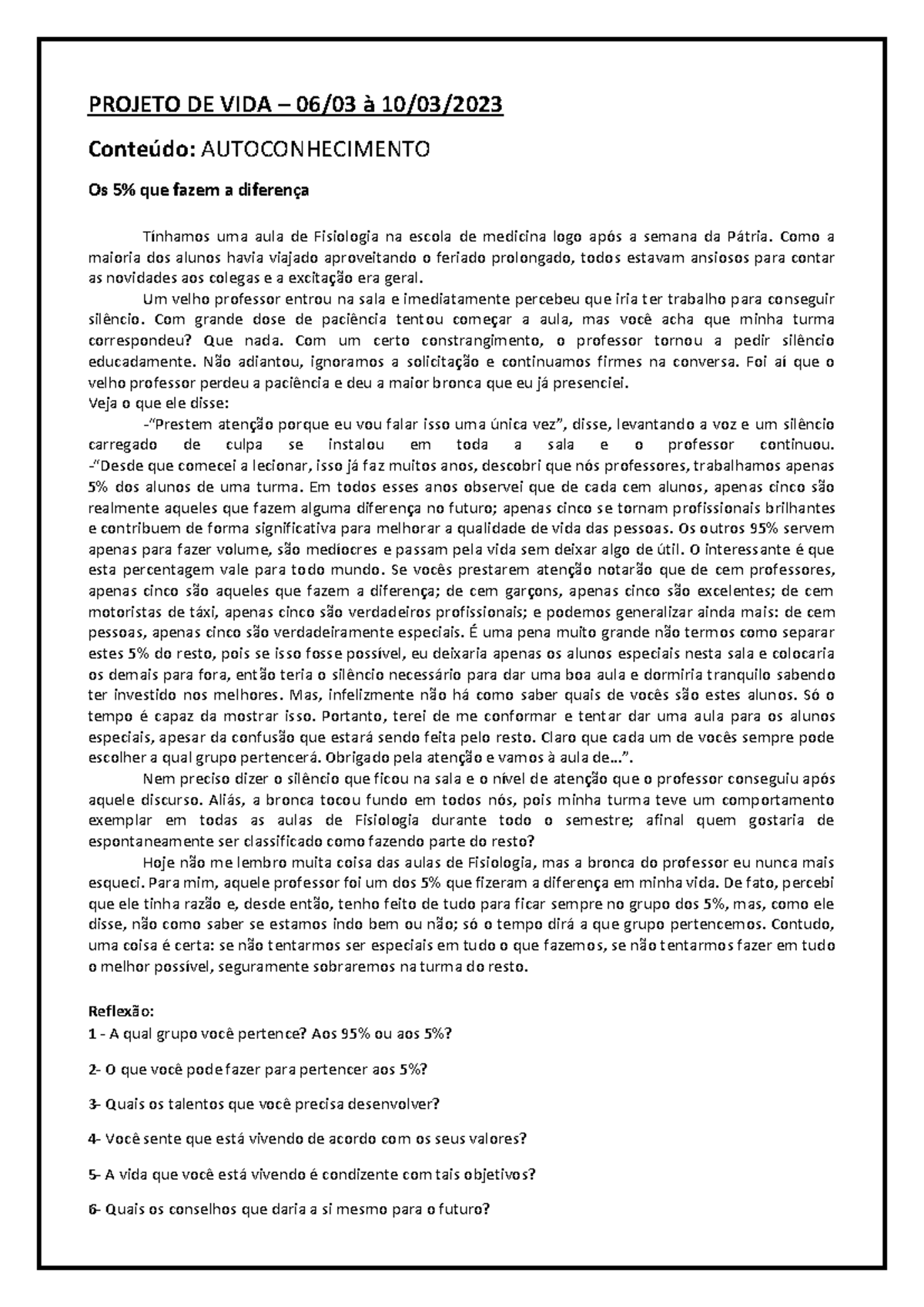 6 - Plano DE AULA - 06.03 à 10 - PROJETO DE VIDA – 06/0 3 à 10/03 ...
