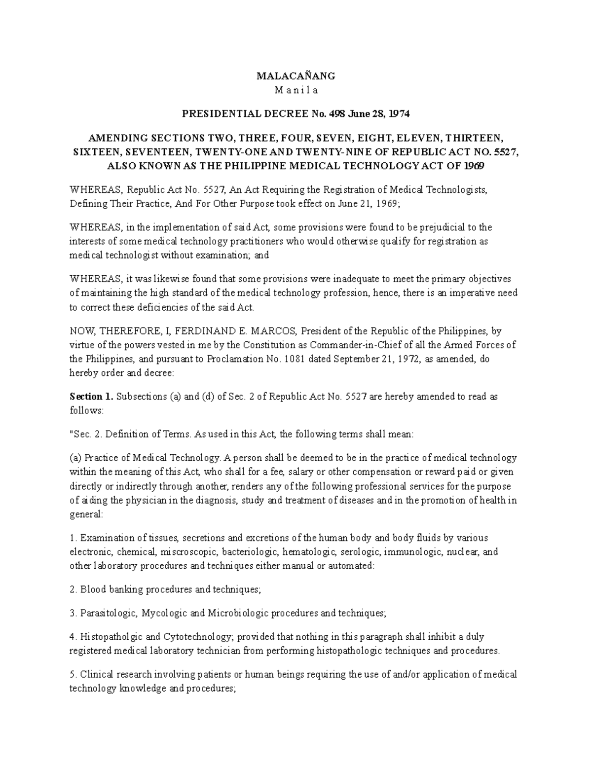 MTL - PD 498 PHIL - MALACAÑANG Manila PRESIDENTIAL DECREE No. 498 June ...