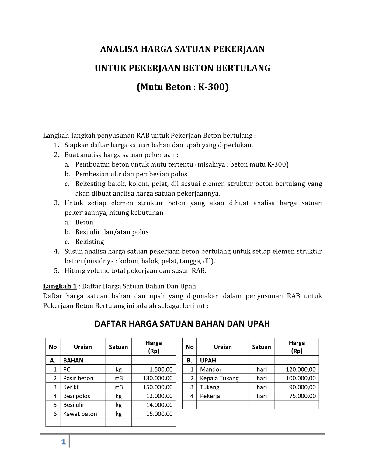 Rab Ahsp Pek Beton Bertulang Analisa Harga Satuan Pekerjaan Untuk Pekerjaan Beton Bertulang