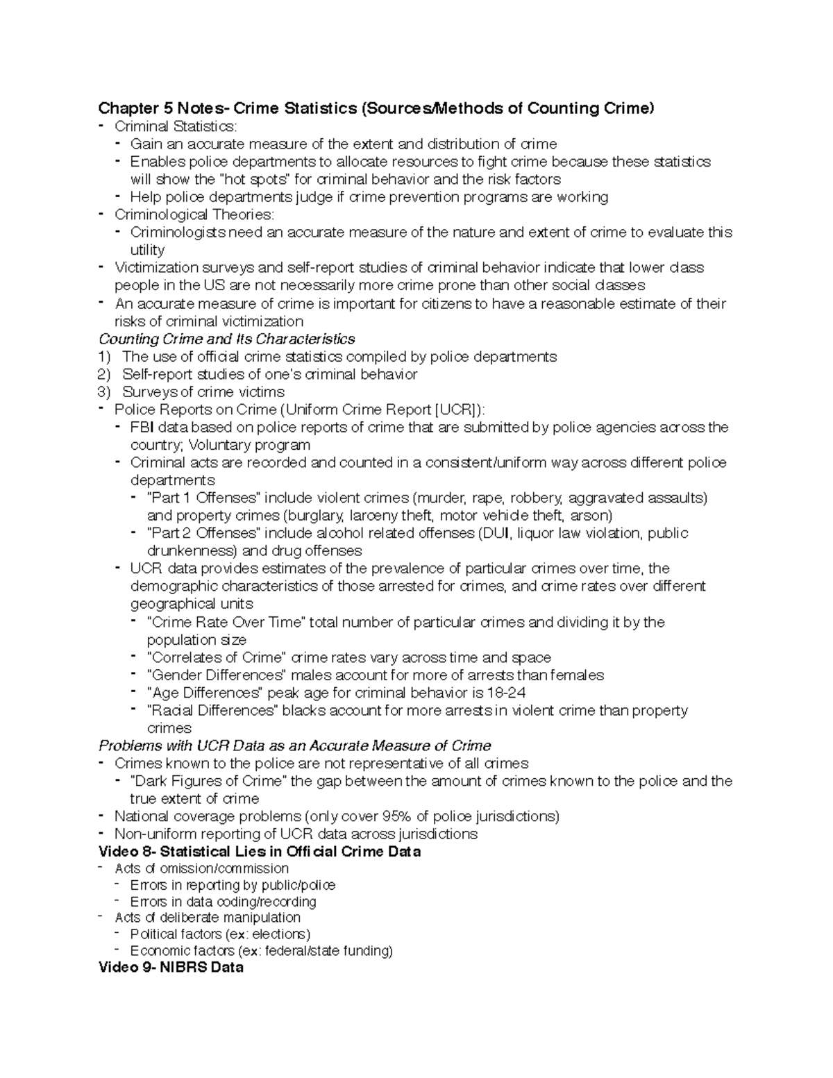 Exam 2 Notes - Chapter 5 Notes- Crime Statistics (Sources/Methods of ...