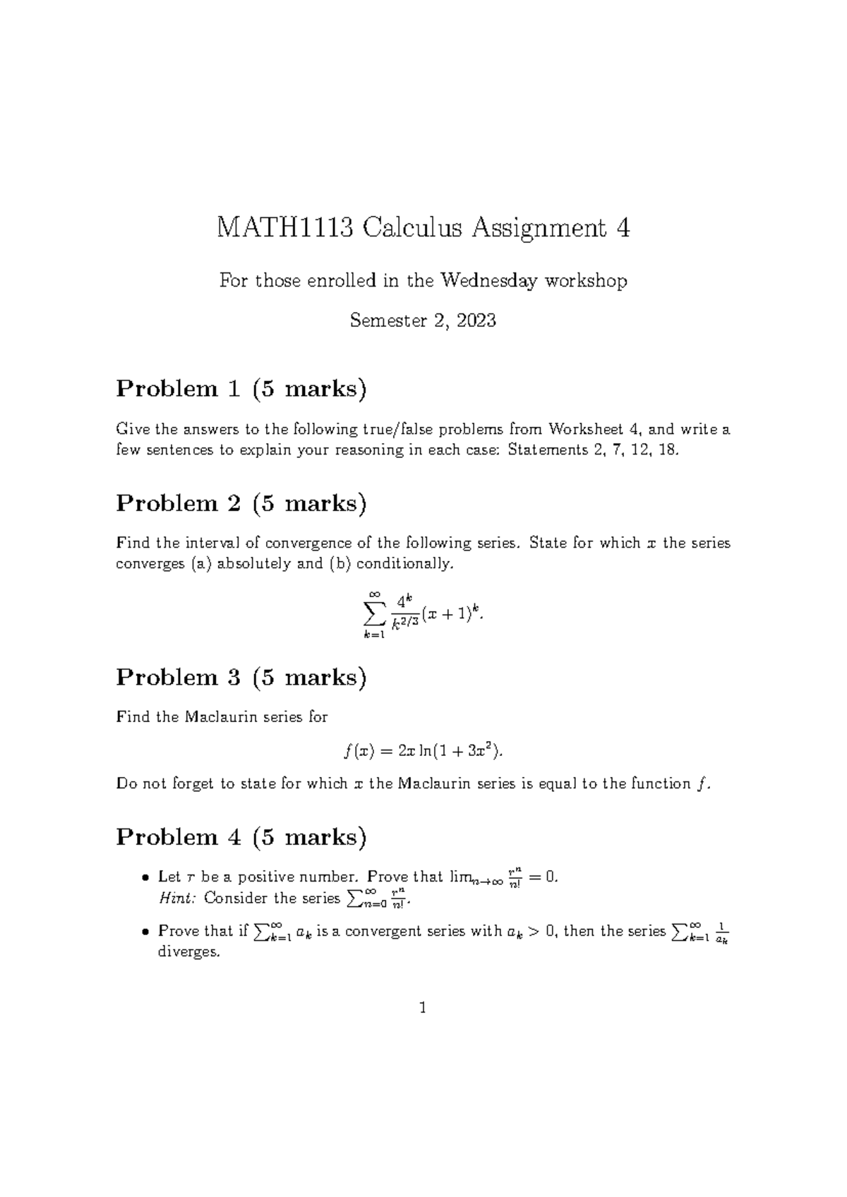 Calculus Assignment 4 Wednesday - MATH1113 Calculus Assignment 4 For ...