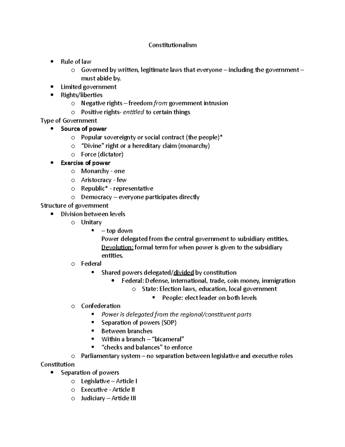 Constitutionalism Notes - Constitutionalism Rule Of Law O Governed By ...