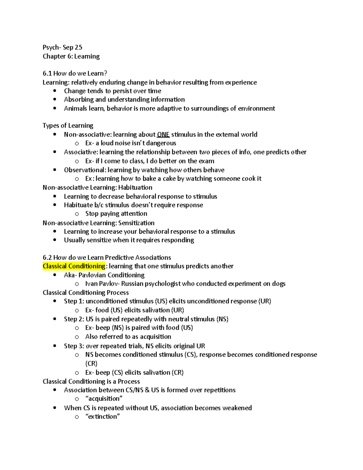 Psych- Chapter 6 - Lecture Notes 6 - Psych- Sep 25 Chapter 6: Learning ...