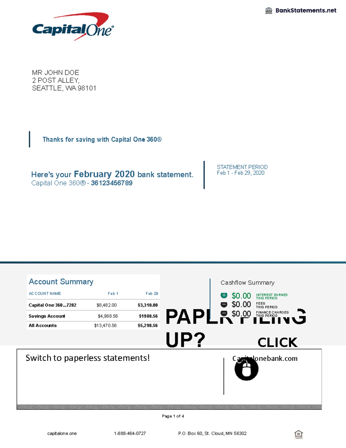Capital One Bank Statement Bank Statements MR JOHN DOE 2 POST 