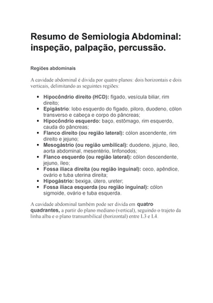 Resumo de Semiologia Abdominal: inspeção, palpação, percussão e