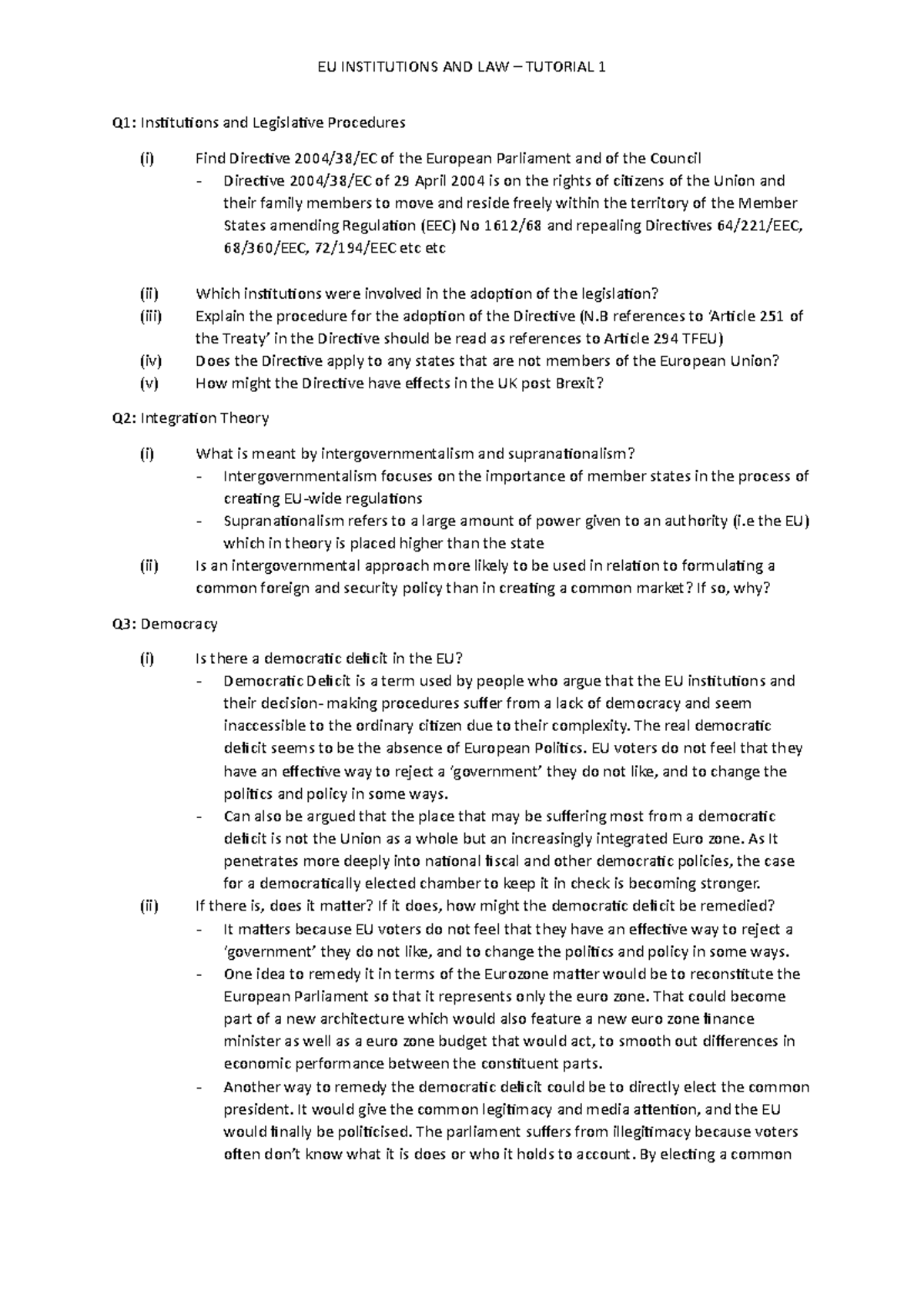 EU LAW - tutorial 1 - EU INSTITUTIONS AND LAW – TUTORIAL 1 Q1 ...