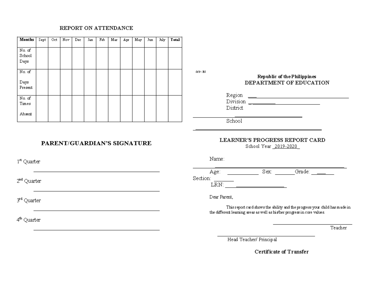 SF9 (Learners Progress Report Card) Template for ES - REPORT ON ...