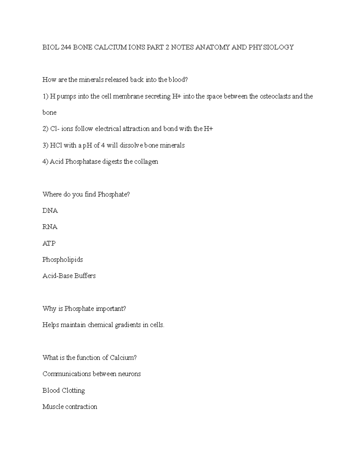 BIOL 244 BONE Calcium IONS PART 2 Notes Anatomy AND Physiology BIOL