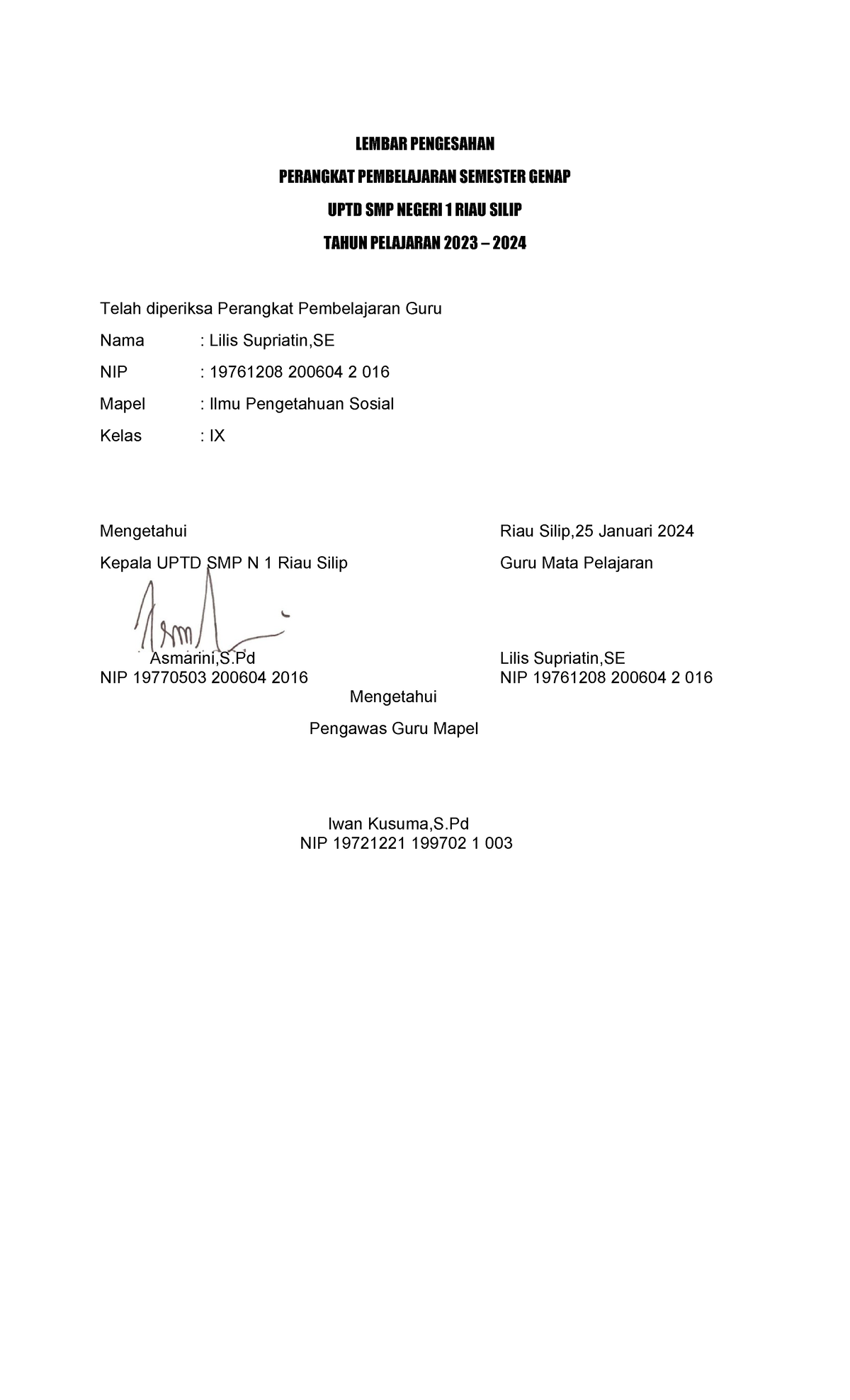 Lbr Pengesahan RPP - LEMBAR PENGESAHAN PERANGKAT PEMBELAJARAN SEMESTER ...