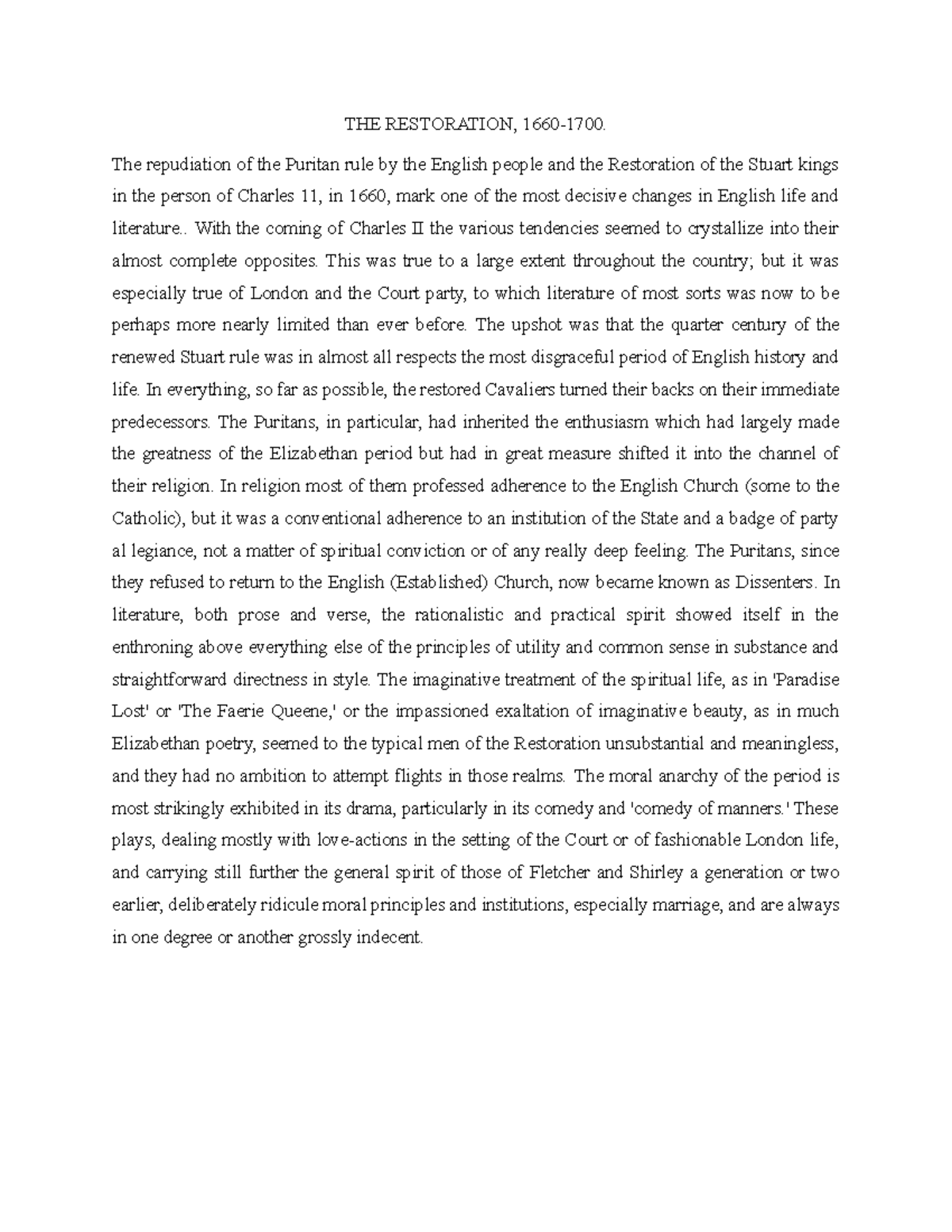 Summary 1-2 - THE RESTORATION, 1660-1700. The repudiation of the ...