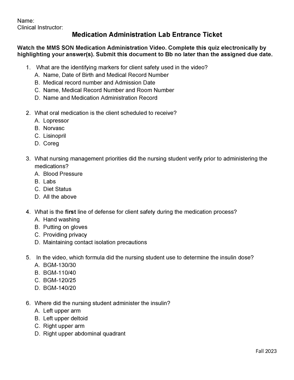 Parenteral Lab Day 1 Entrance Ticket (word document) - Name: Clinical ...