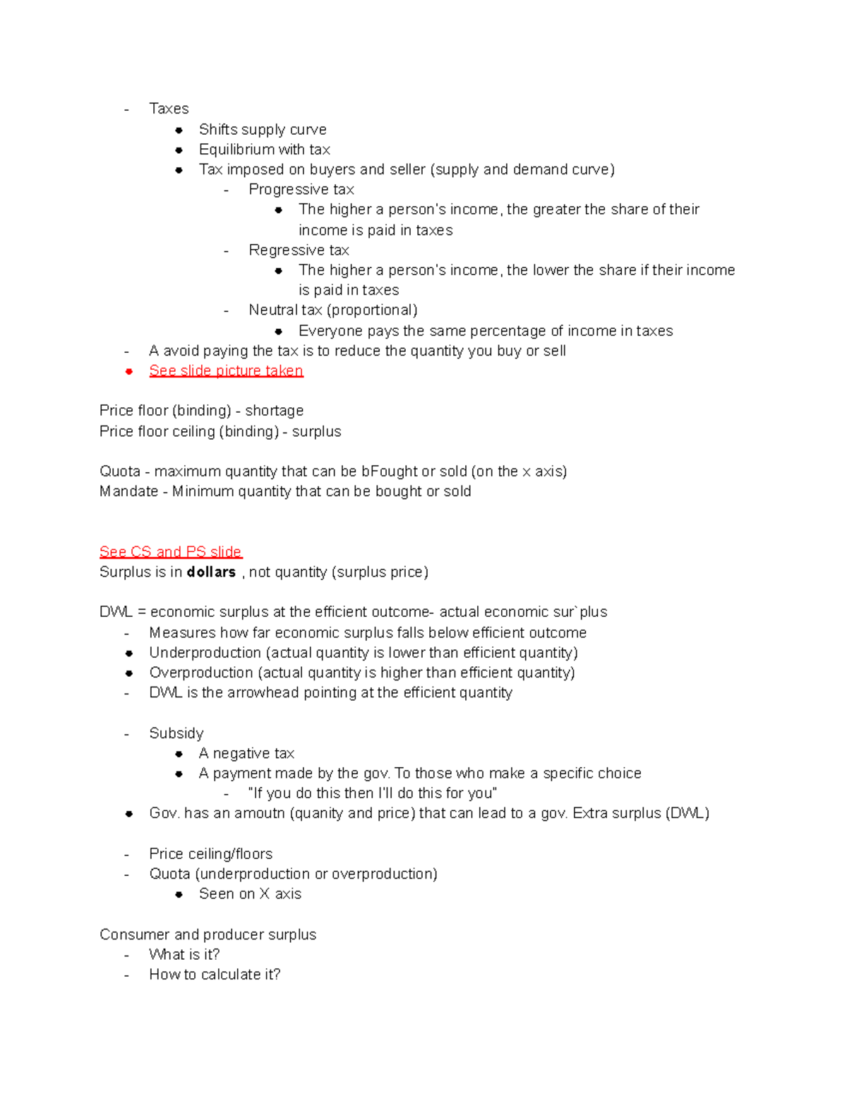 ECON exam reveiw - Notes from Review Session - Taxes Shifts supply ...