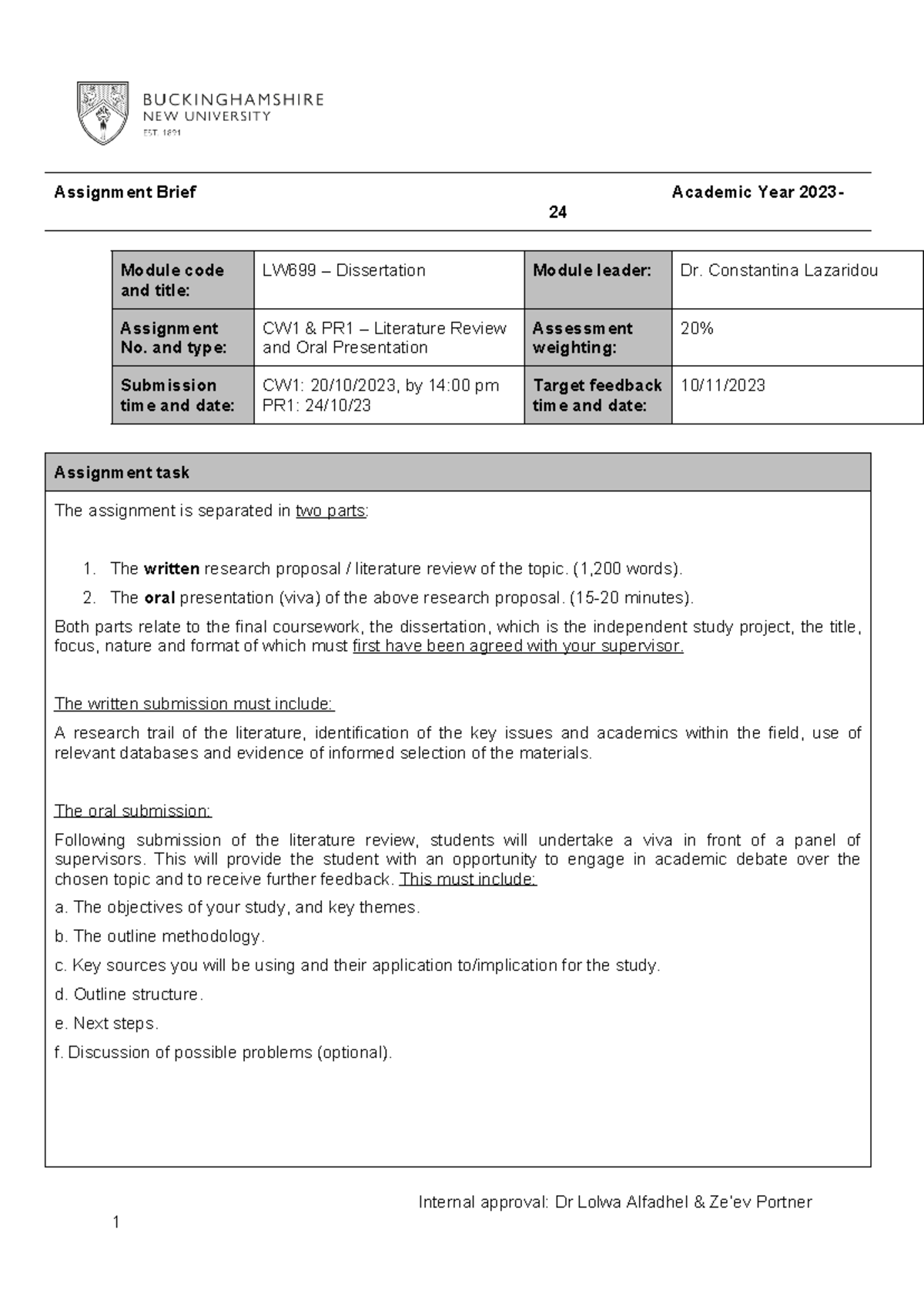 Assignment Brief - LW 699 - Dissertation - LIT. Review + VIVA ...
