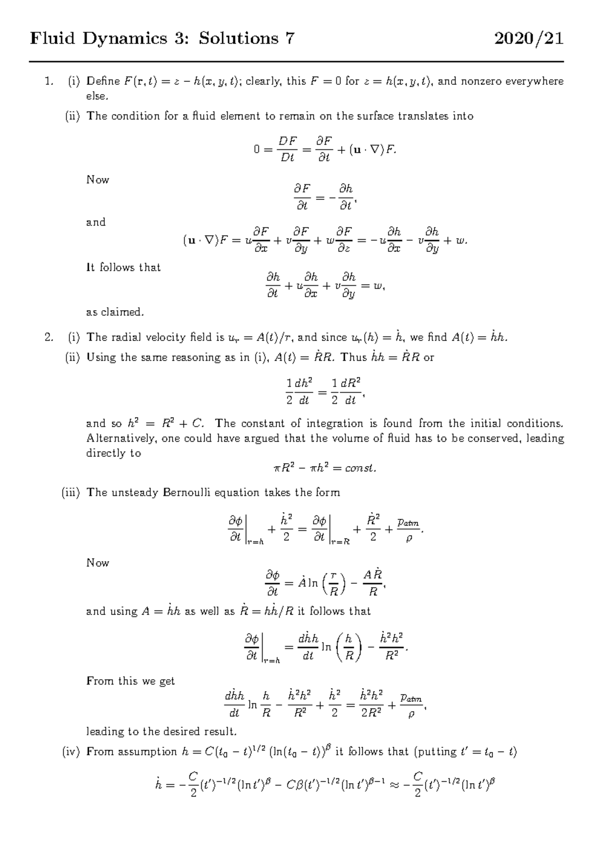 Fluid Dynamics worksheet Solutions 7 - Fluid Dynamics 3: Solutions 7 ...