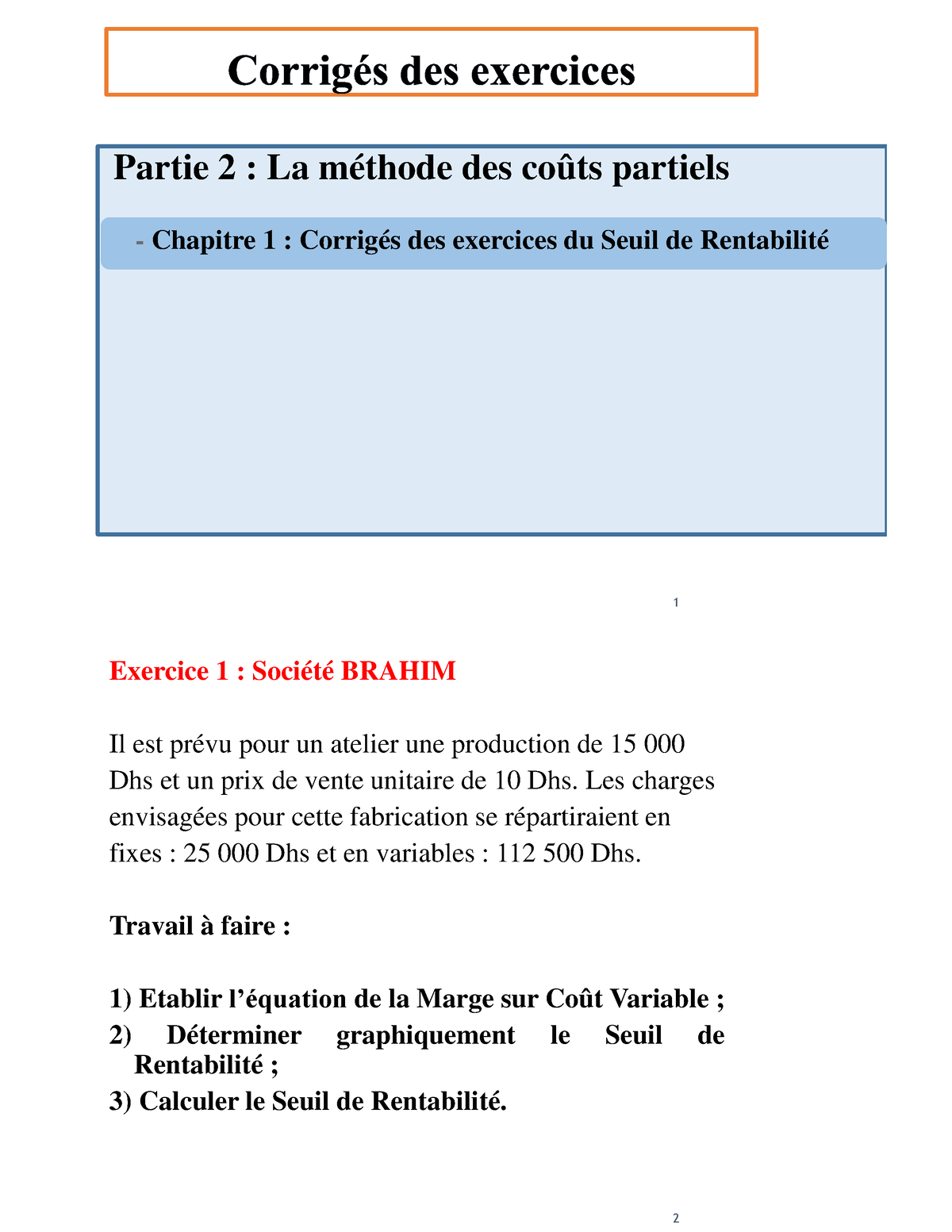 Corriges DES Exercices DE LA Partie 2 DU Chapitre 1 LE Seuil DE ...