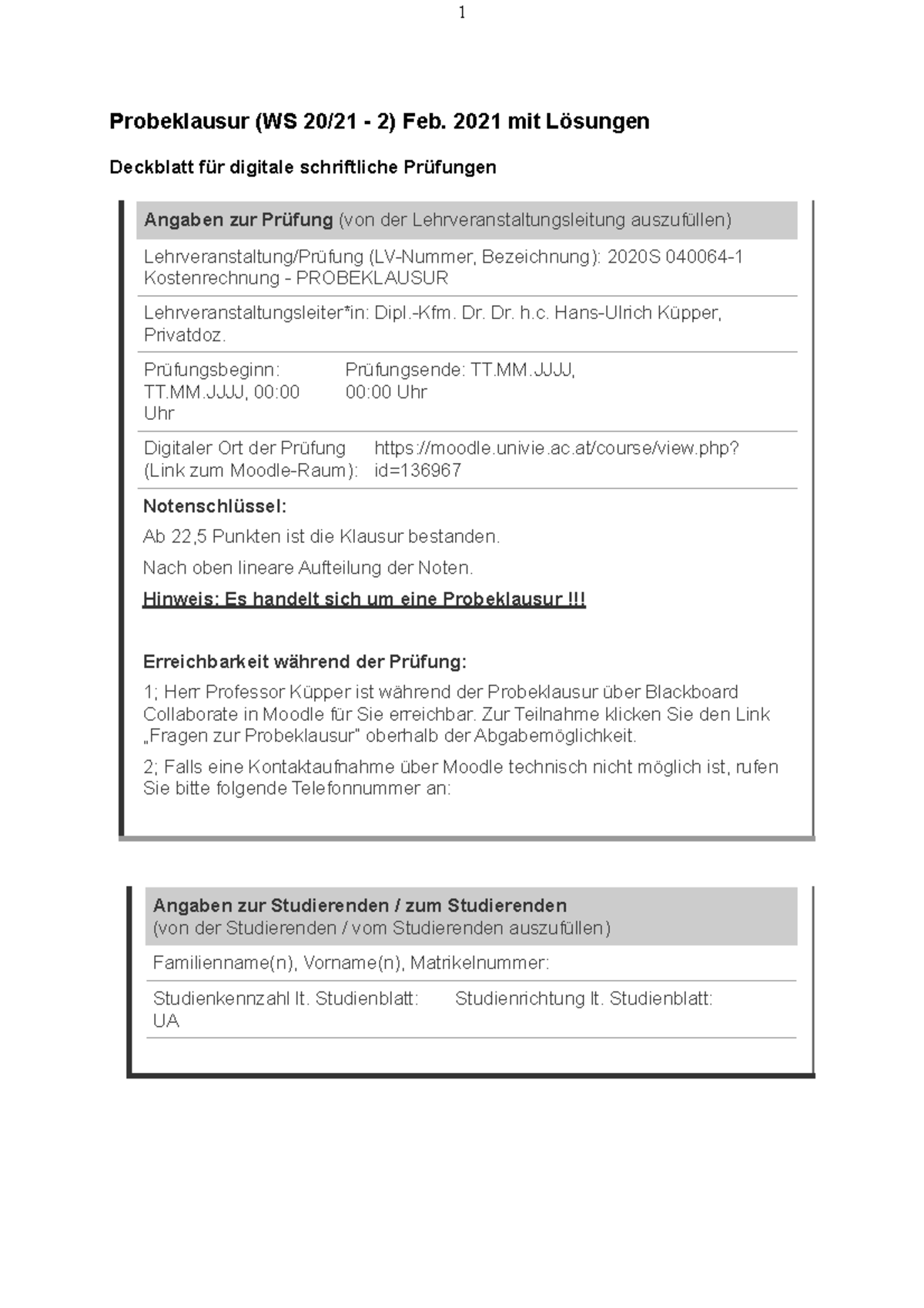 Lösung Wi Se 20202021 Probeklausur II Probeklausur (WS 20/21 2