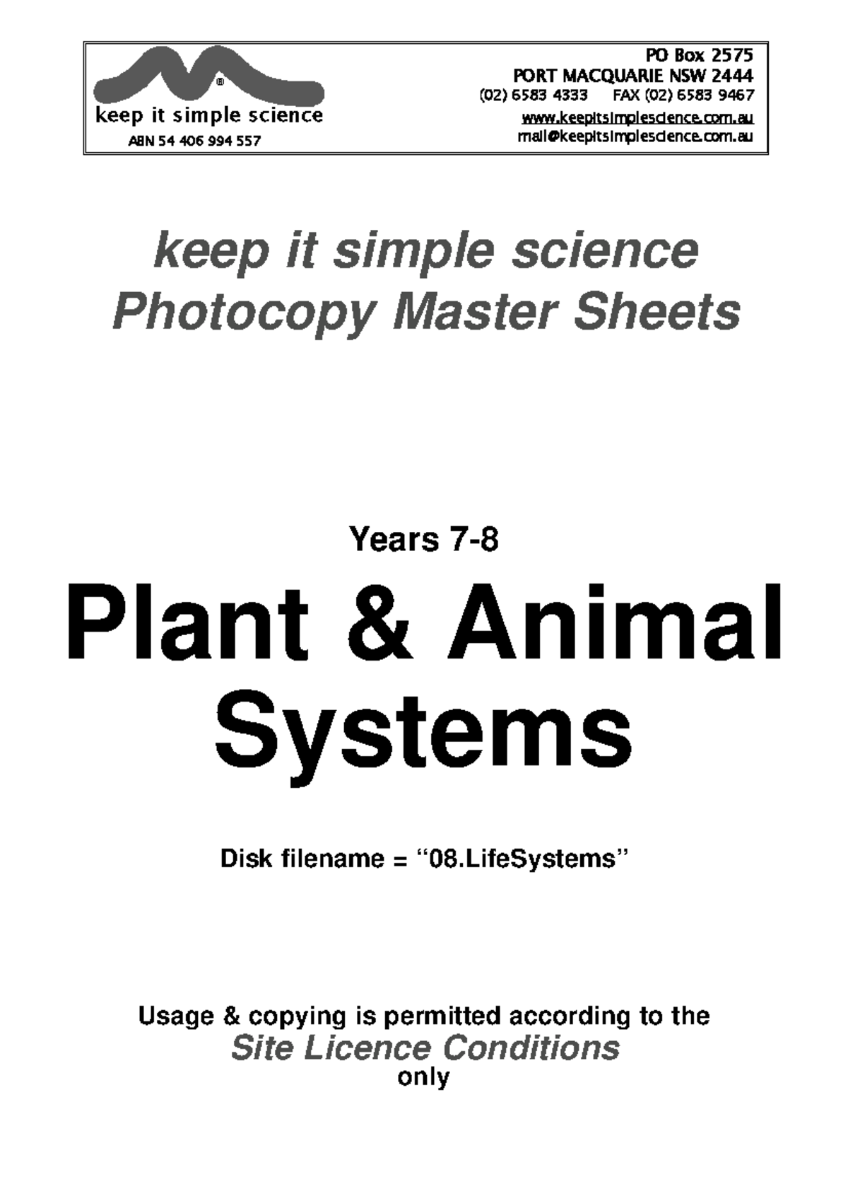 08-life-systems-keep-it-simple-science-photocopy-master-sheets-years-7-plant-animal-systems