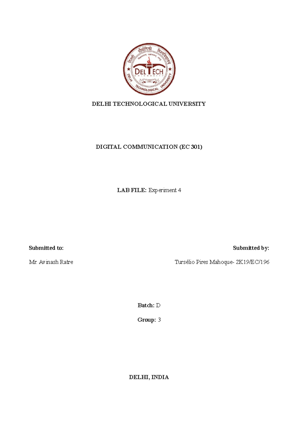Digital Communication- lab 3 - DELHI TECHNOLOGICAL UNIVERSITY DIGITAL ...