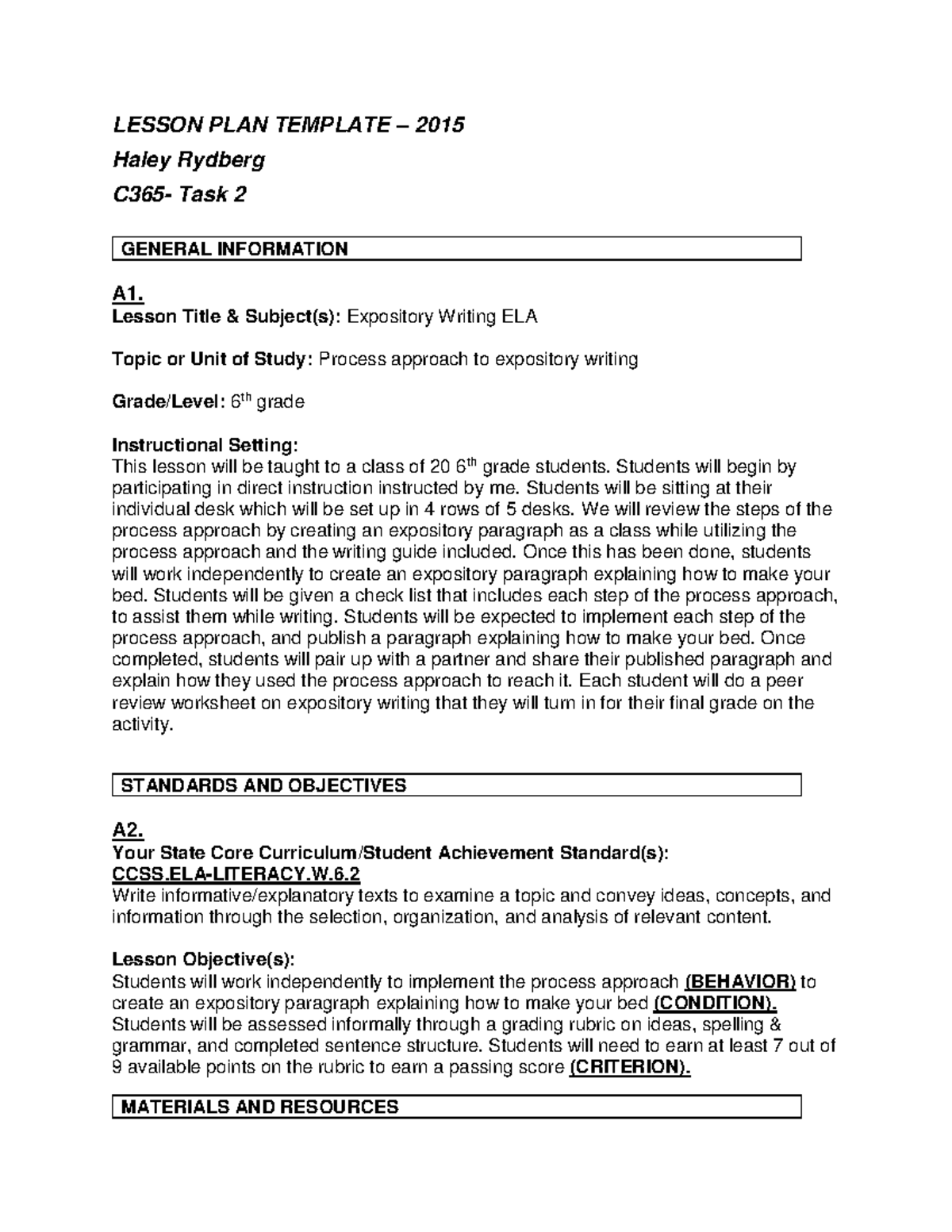 C365 Task 2 - Task 2 - LESSON PLAN TEMPLATE – 2015 Haley Rydberg C365 ...