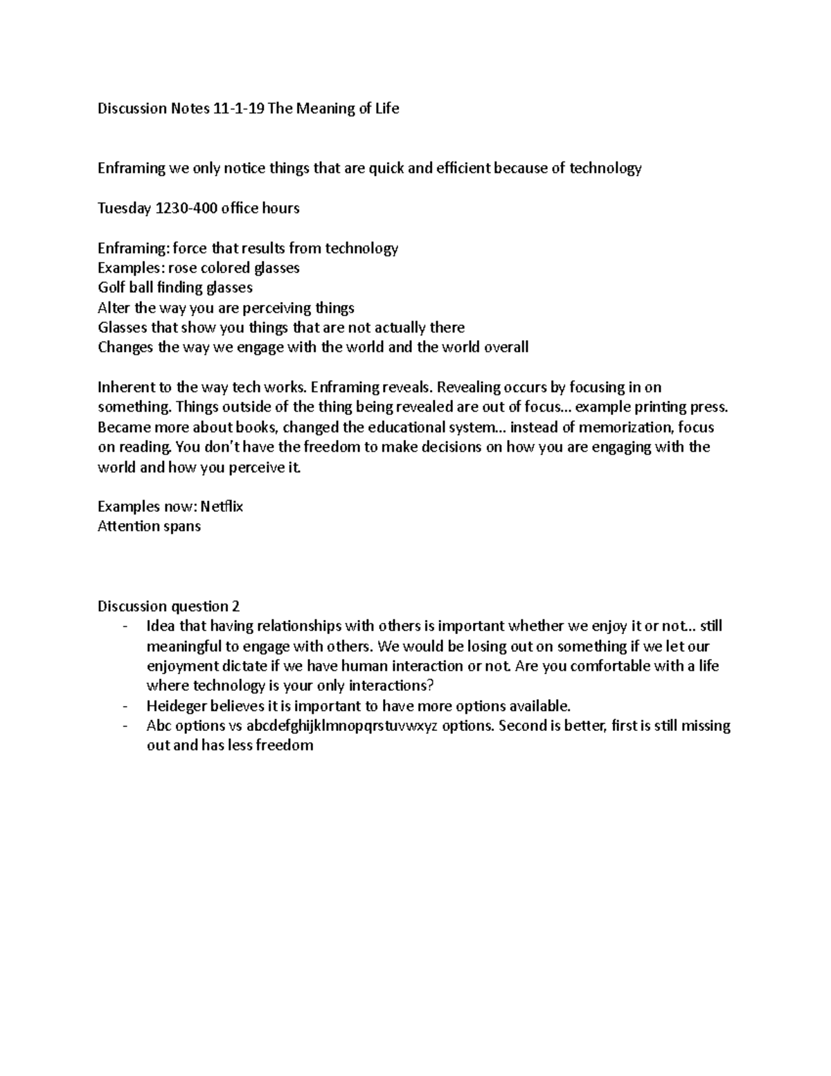 Discussion Notes 11119 The Meaning of Life Discussion Notes 11119
