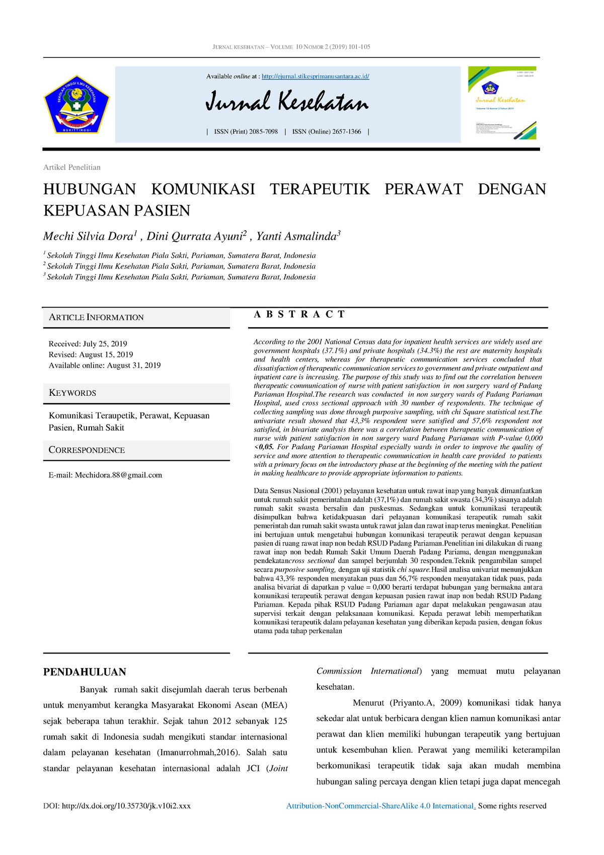 Hubungan Komunikasi Terapeutik Perawat Dengan Kepuasan Paasien - JURNAL ...