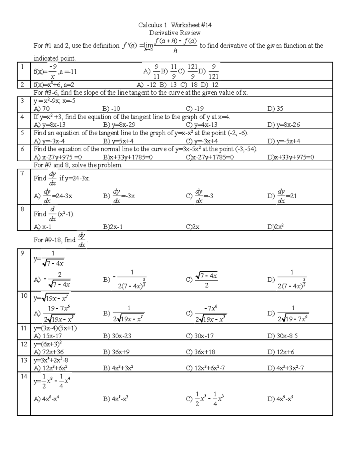 AB ws 014 Derivative Rev - Calculus 1 Worksheet # Derivative Review For ...
