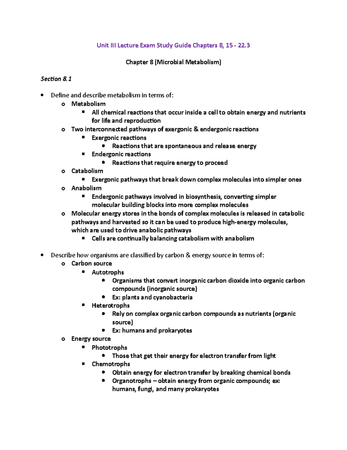 Unit III Lecture Exam Study Guide - Chapter 8 (Microbial Metabolism ...