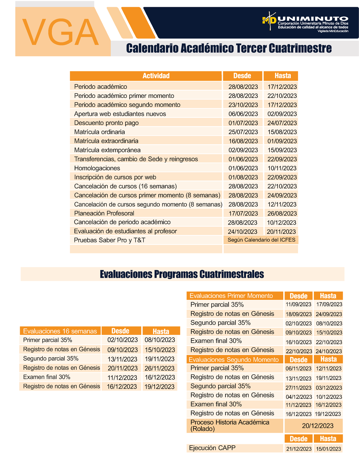 Calendario Q3 VGA Periodo académico Periodo académico primer momento