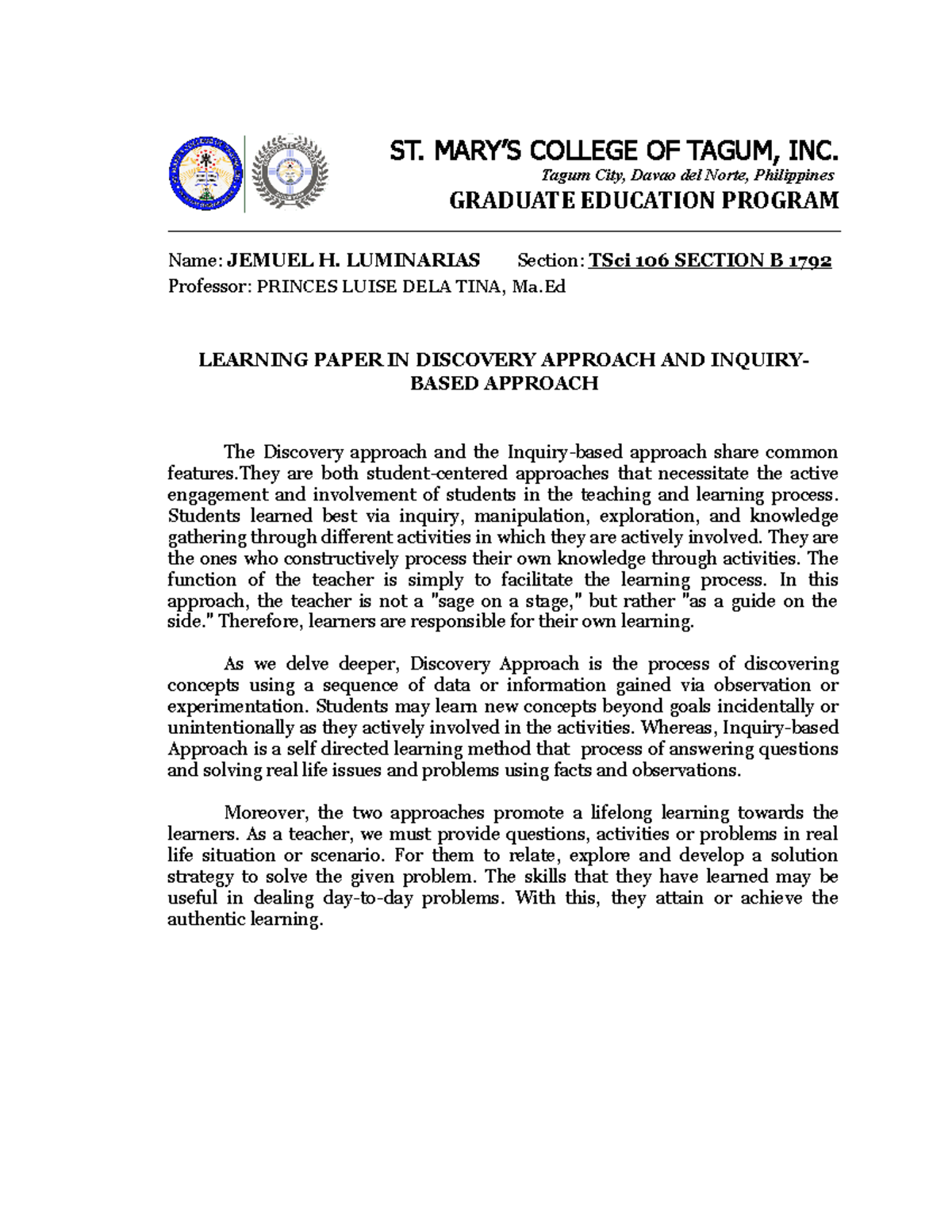 Learning Paper Discovery Approach And Inquiry Based Approach St