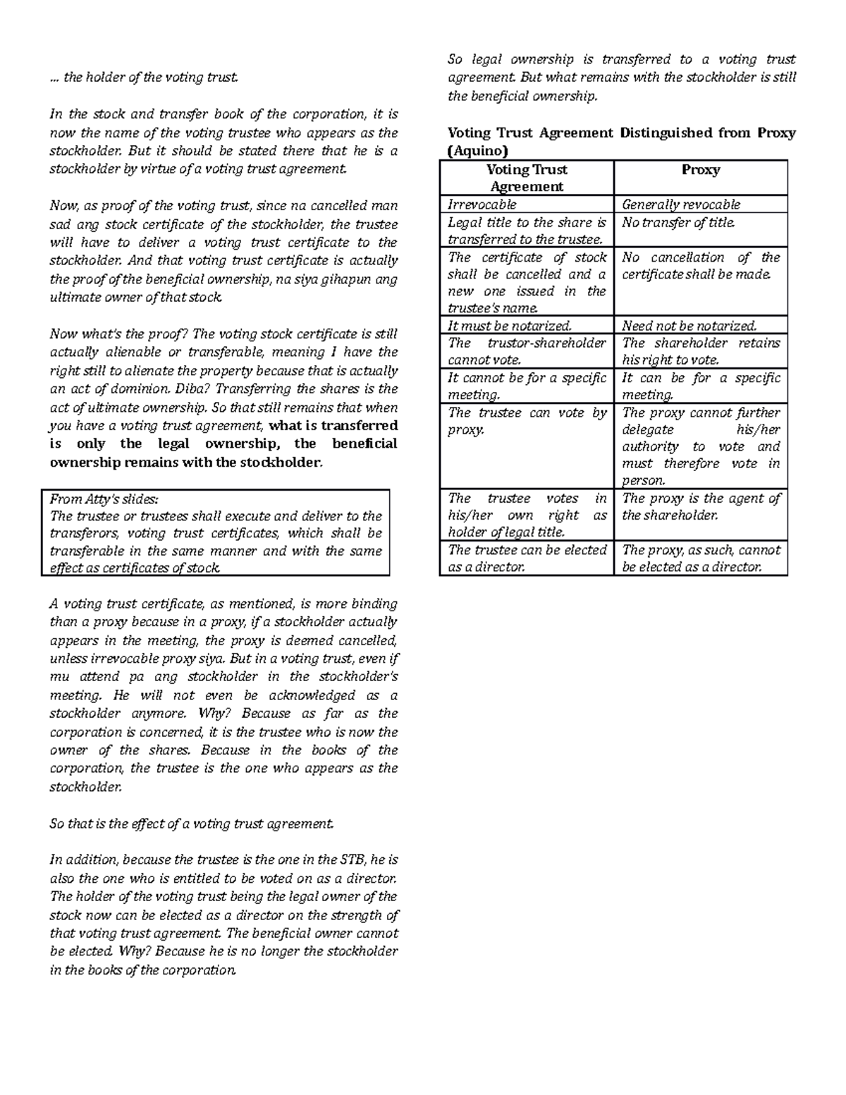 Corporation Law transcript - ... the holder of the voting trust. In the ...