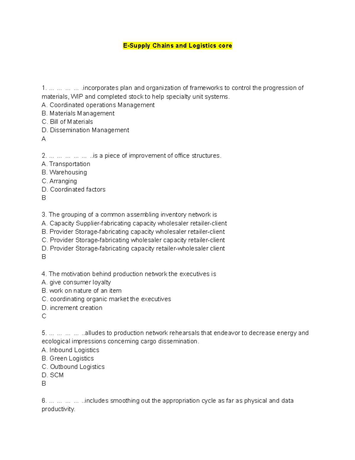 Unit 5 E-Supply Chains And Logistics Core - Chains And Logistics Core 1 ...