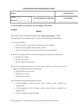 Ficha de Trabalho EF 9º Ano Andebol