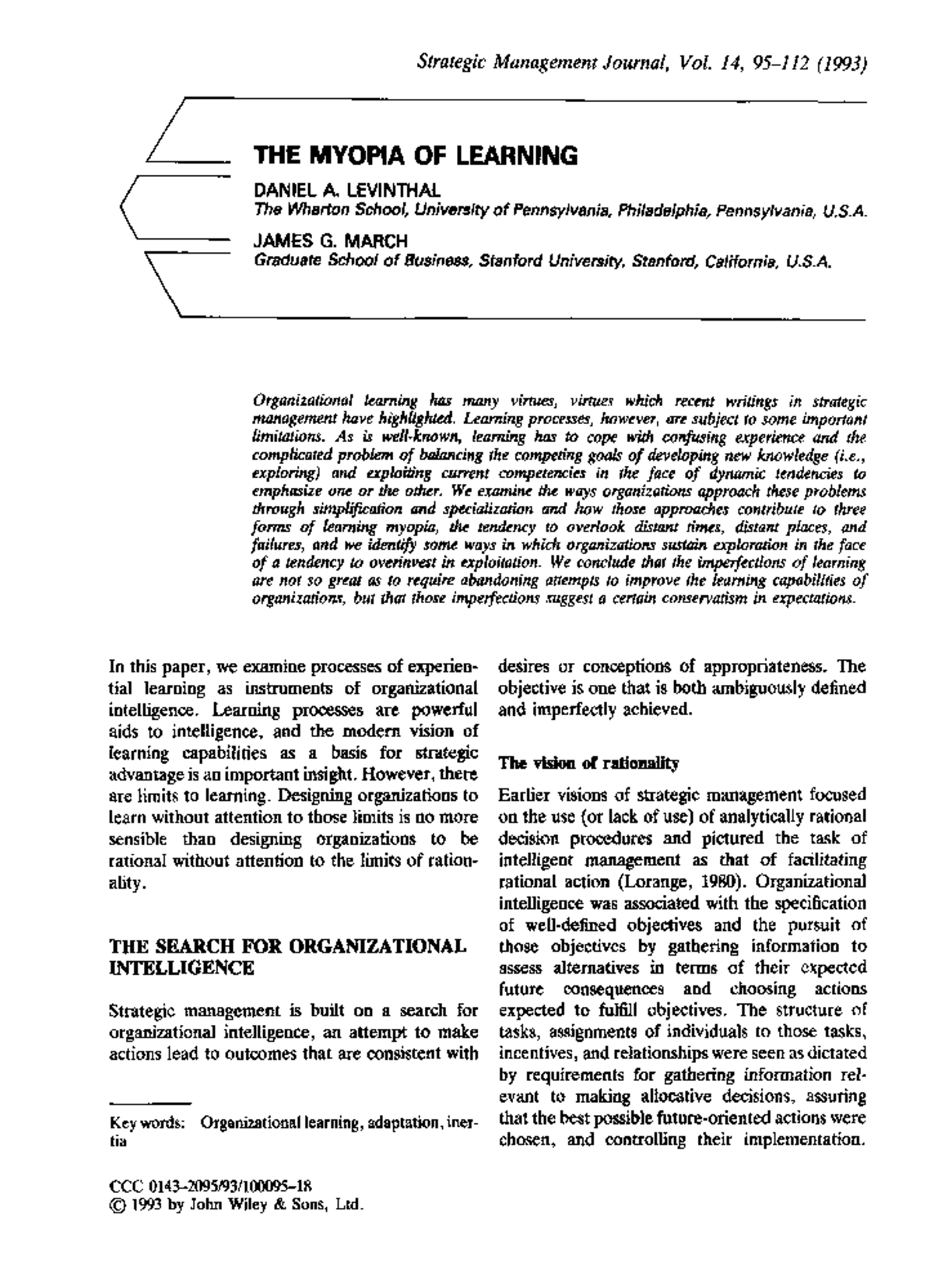 Levinthal 1993 dddđ Strategic Management Journal, Vol. zy14, 951