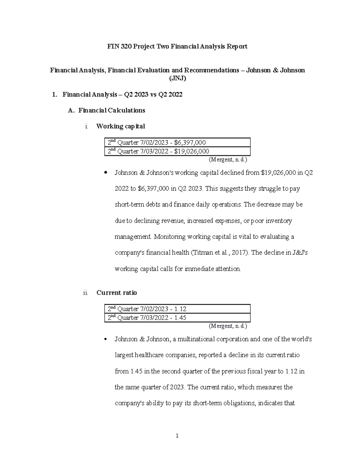 FIN 320 Project Two Financial Analysis Report 101523 - FIN 320 Project ...