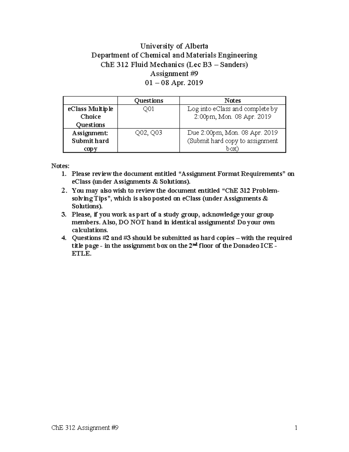 09 CHE312Assign Wi2019 SV - ChE 312 Assignment #9 1 University of ...