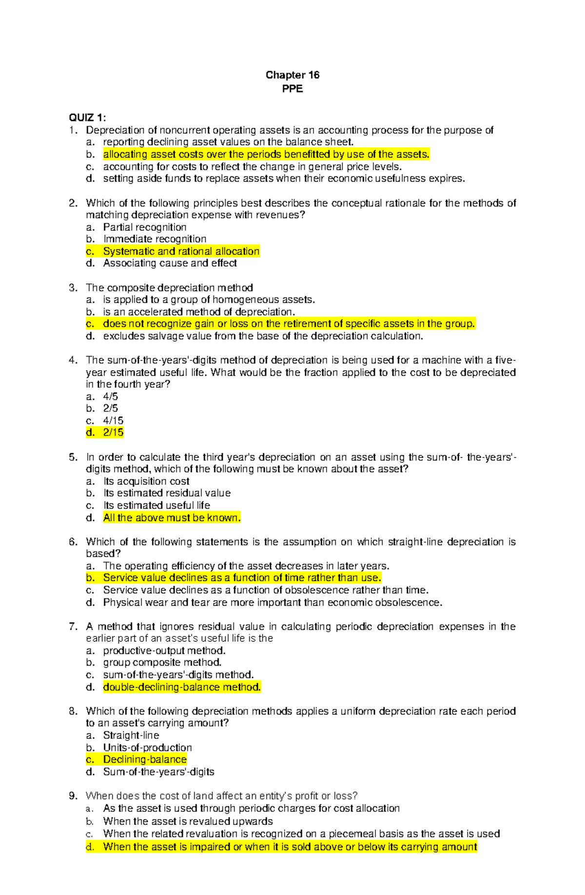 Chapter 16 PPE Chapter 16 PPE QUIZ 1 Depreciation of noncurrent