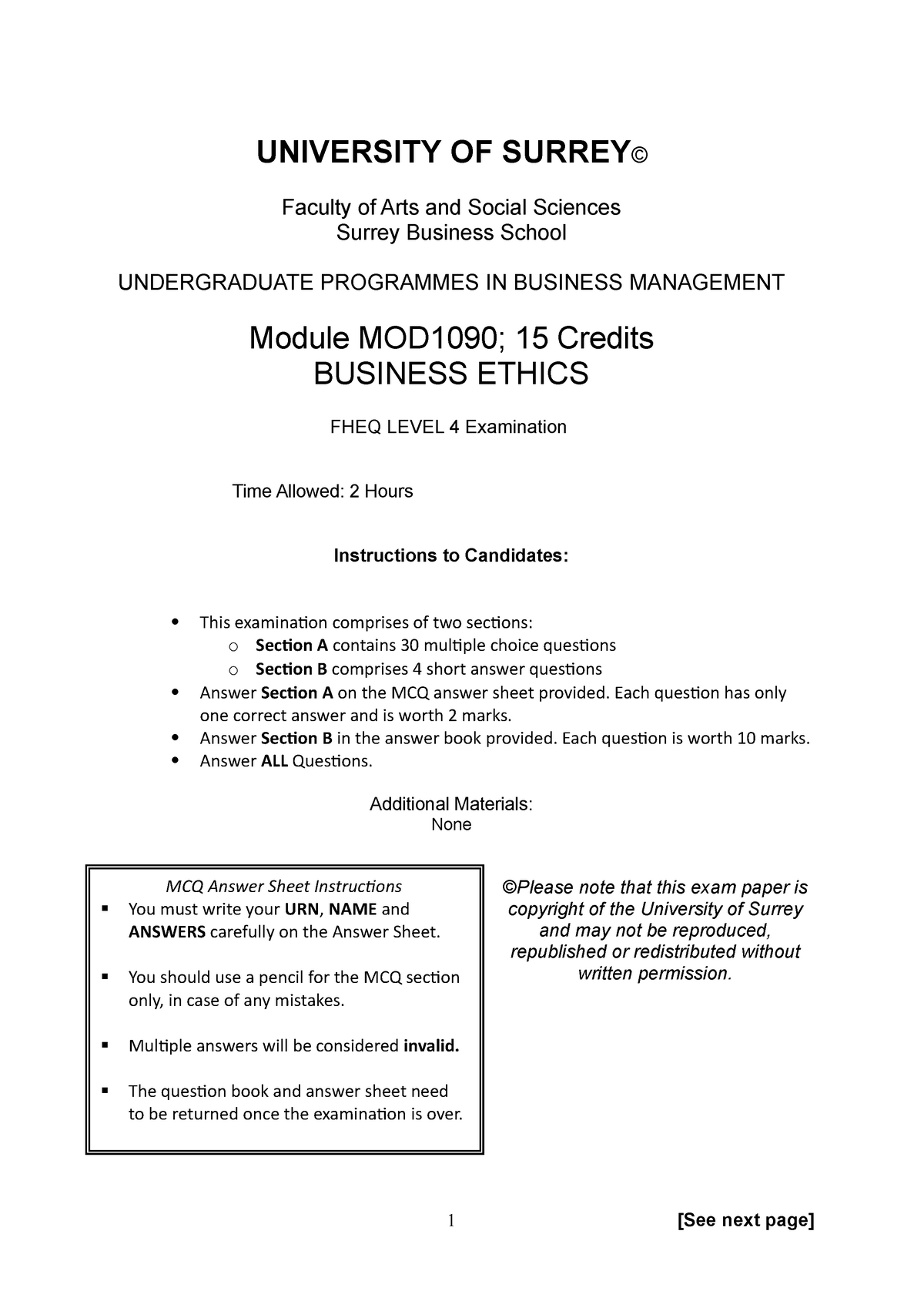 business ethics exam questions and answers