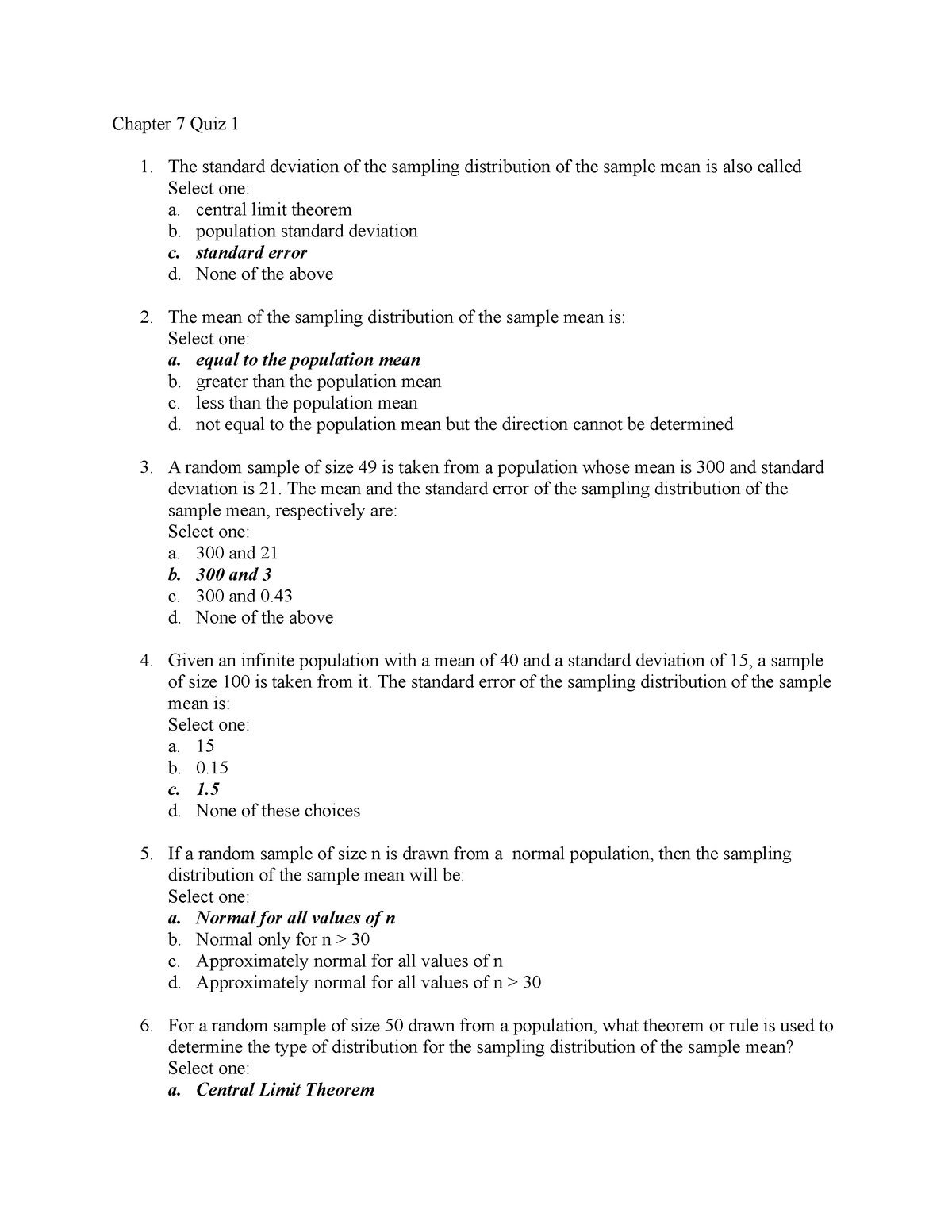 Chapter 7 Quiz - Midterm 2 mock test - Chapter 7 Quiz 1 1. The standard ...