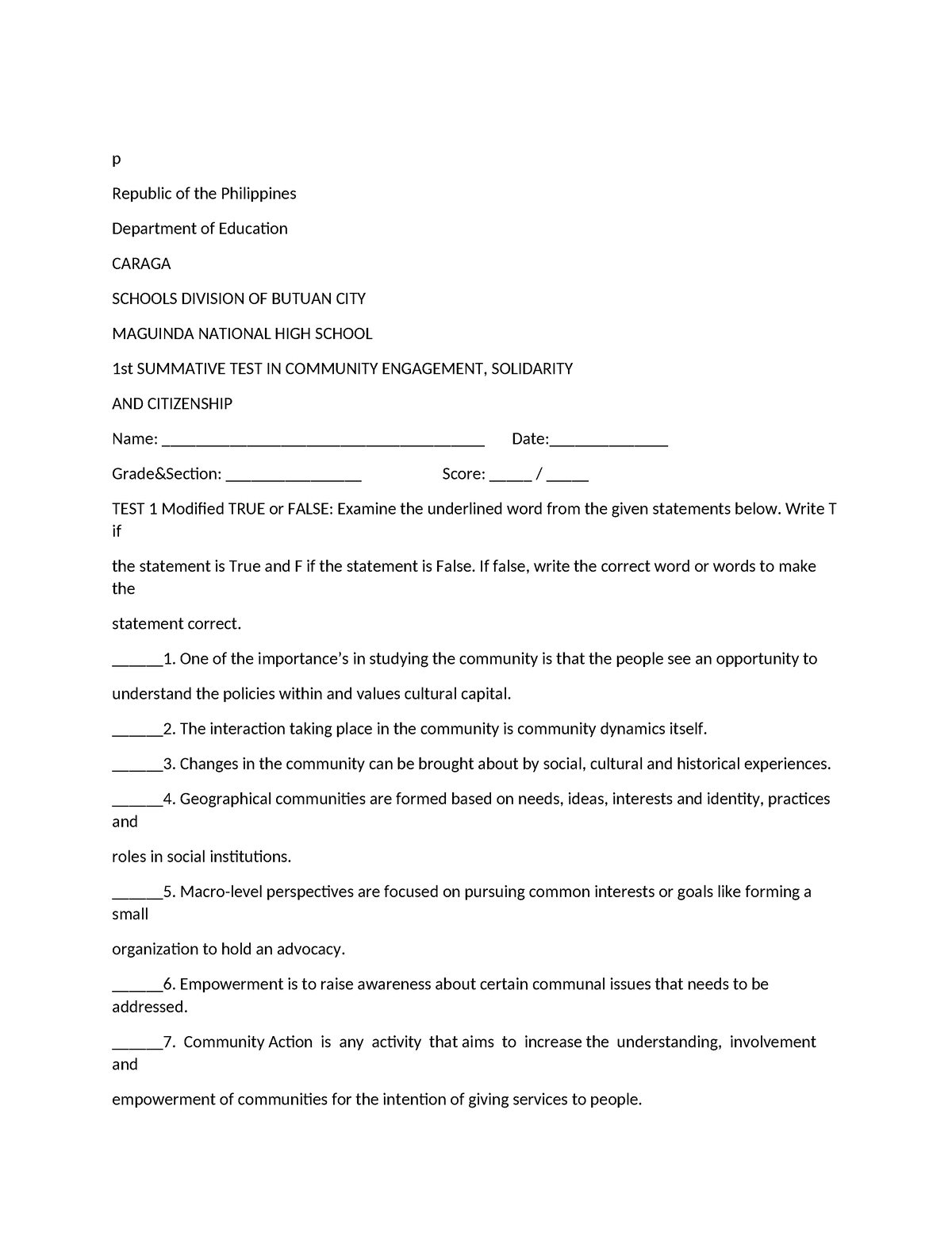 Test paper - cesc - p Republic of the Philippines Department of ...