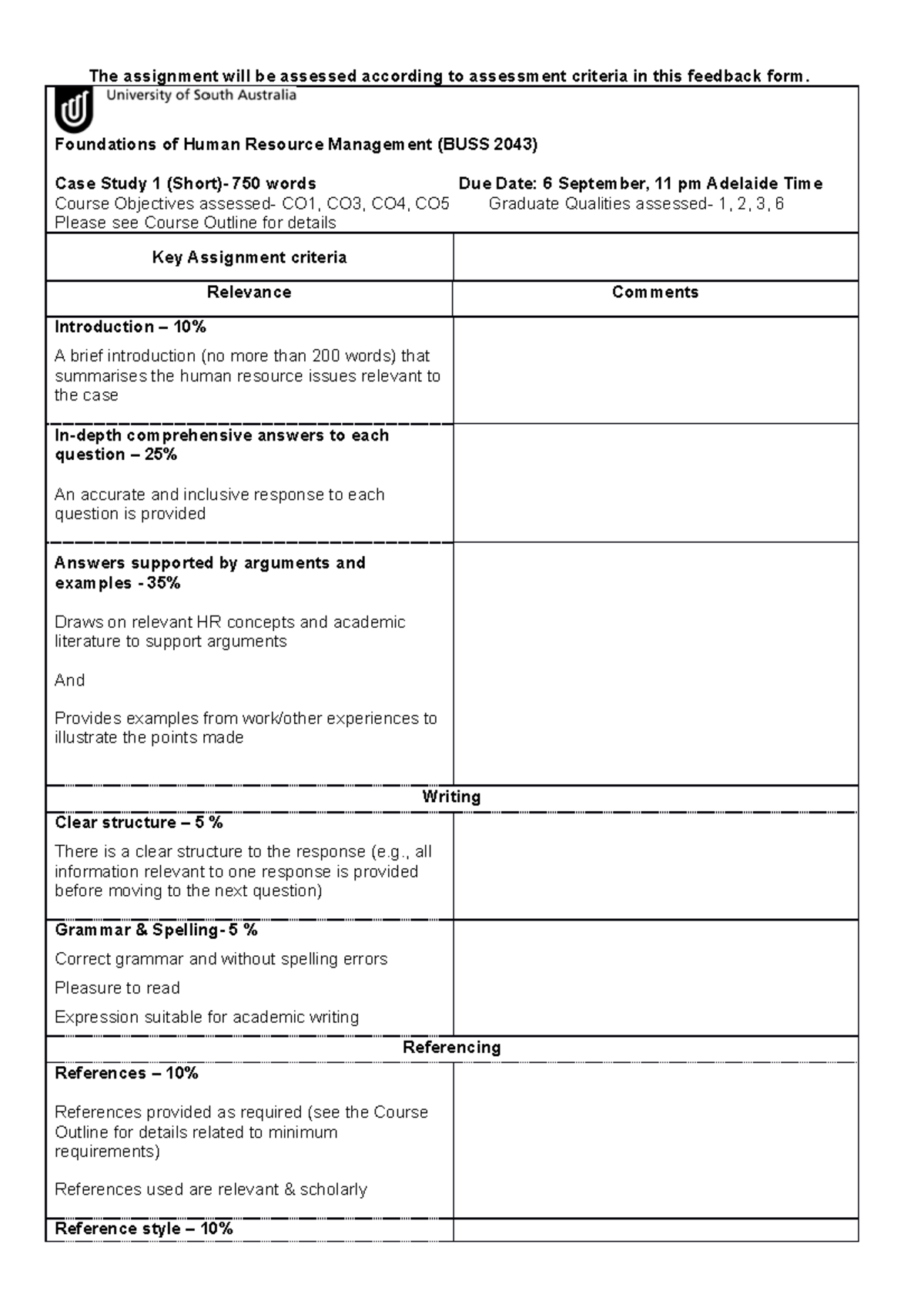 BUSS 2043 Case Study 1 Short Feedback Sheet Rubrics Upload - The ...